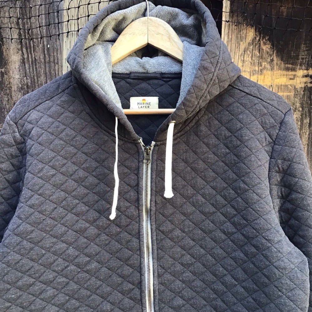 Marine Layer Corbet Quilted Full Zip Hoodie Men's Large Charcoal Gray Jacket - Picture 2 of 7